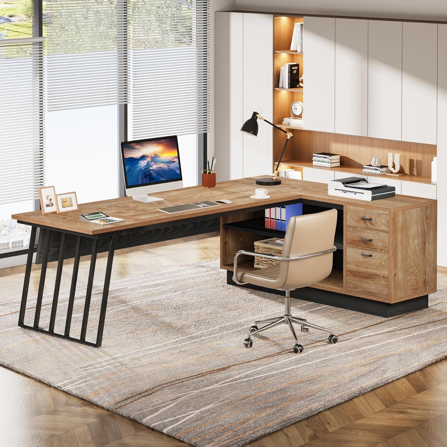 71-Inch Executive Desk, L-Shaped Desk with Cabinet, Large Office Desk with Drawers and Storage Shelves, Writing Table Computer Desk for Home Office, Oak and Black