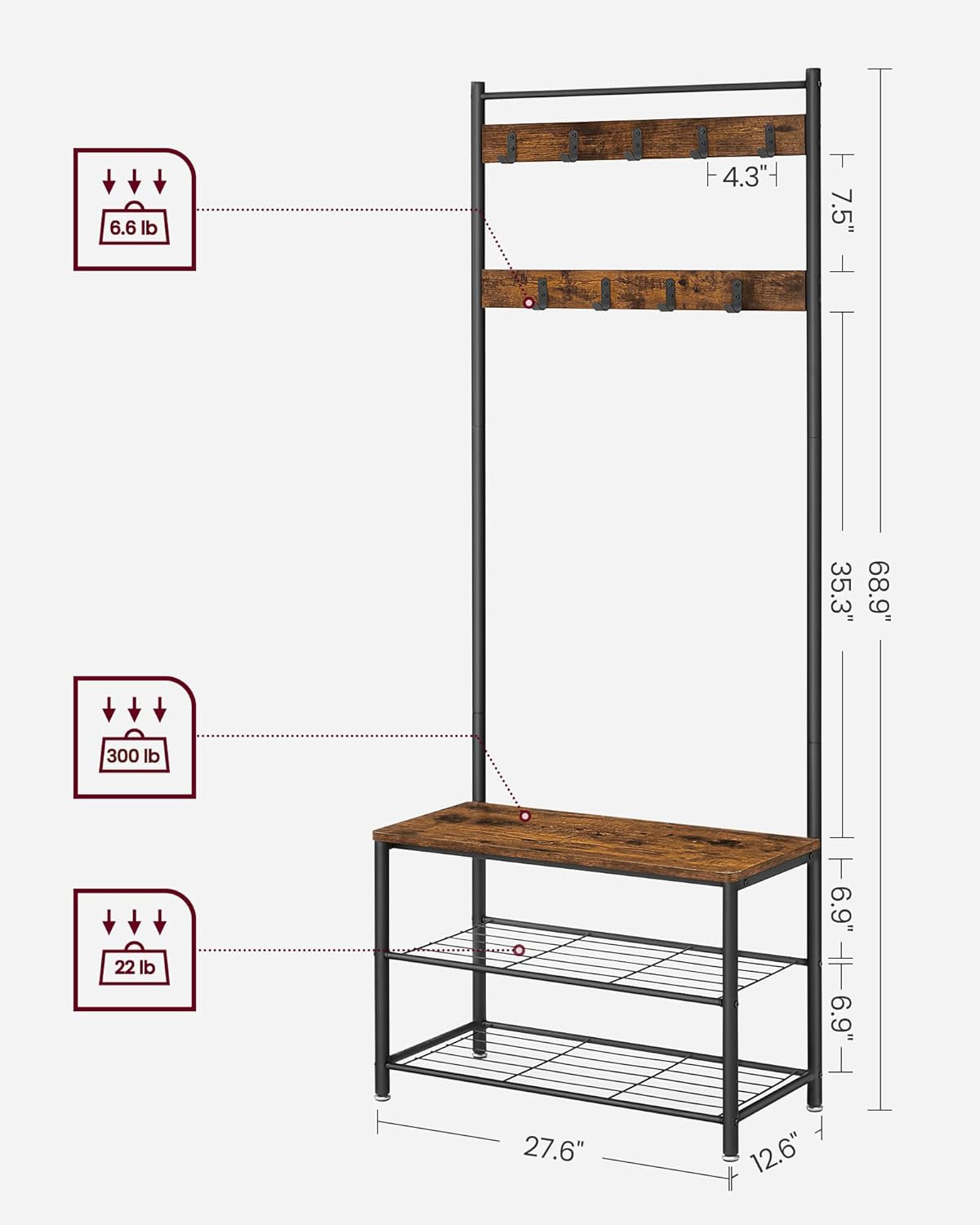 Coat Rack, Hall Tree with Shoe Storage Bench, Entryway Bench with Shoe Storage, 3-In-1, Steel Frame, for Entryway, 12.6 X 27.6 X 68.9 Inches, Industrial, Rustic Brown and Black UHSR41BX