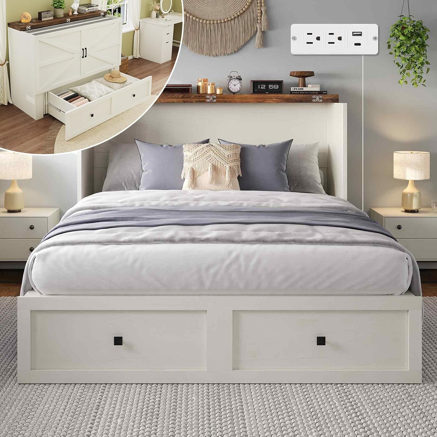 Murphy Bed with Charging Station, Queen Size Cabinet Bed with Large Storage Drawer for Home Office or Small Room, Hideaway Full Foldable Platform Bed, White