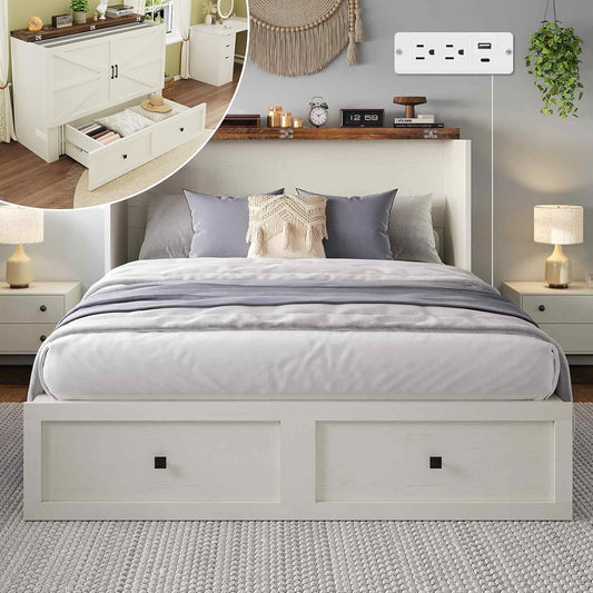 Murphy Bed with Charging Station, Queen Size Cabinet Bed with Large Storage Drawer for Home Office or Small Room, Hideaway Full Foldable Platform Bed, White