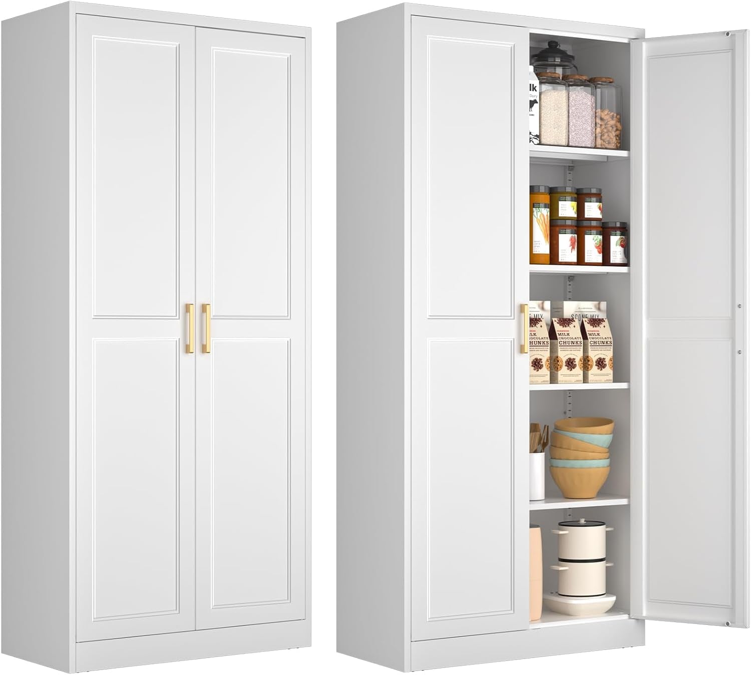 White Kitchen Pantry Cabinet, 71 Inch Tall Metal Storage Cabinet with Doors and Shelves, Pantry Cabinets for Kitchen Storage, Freestanding Cupboard for Living, Dining Room, Assemble Required