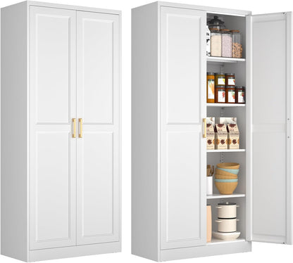 White Kitchen Pantry Cabinet, 71 Inch Tall Metal Storage Cabinet with Doors and Shelves, Pantry Cabinets for Kitchen Storage, Freestanding Cupboard for Living, Dining Room, Assemble Required