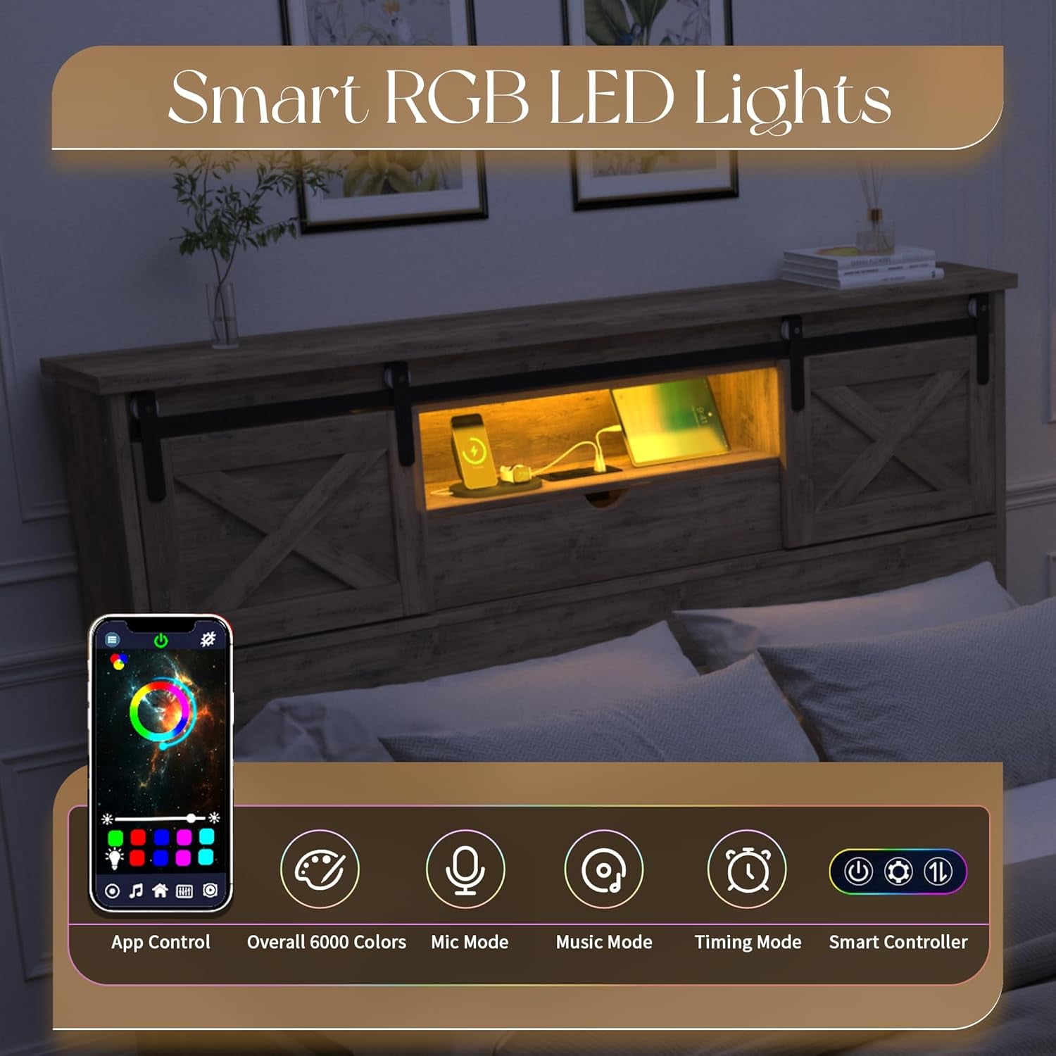 Farmhouse Queen Size Bed Frame with Storage Bookcase Headboard, Wooden Bed with LED Lights, Charging Station, 2 Drawers, Rustic Bed Frame with Sliding Barn Door for Bedroom (Grey Oak, Queen)