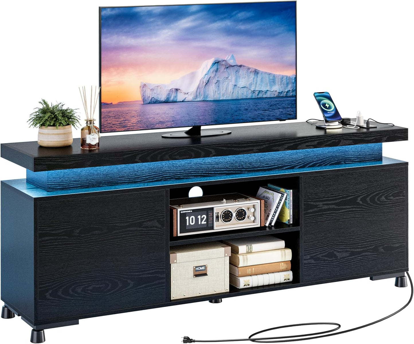 TV Stands for Tvs 65+ Inch with LED Lights and Power Outlet, Modern TV Console Entertainment Center with Storage Cabinet for Living Room