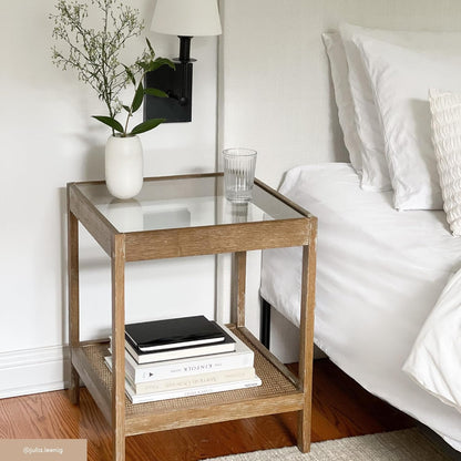 33301 Hayes Solid Wood Nightstand, Bedside, End or Side Table in Light Brown Wood Finish & Glass Top with Open Storage Shelf, 18 in X 18 in X 22 In