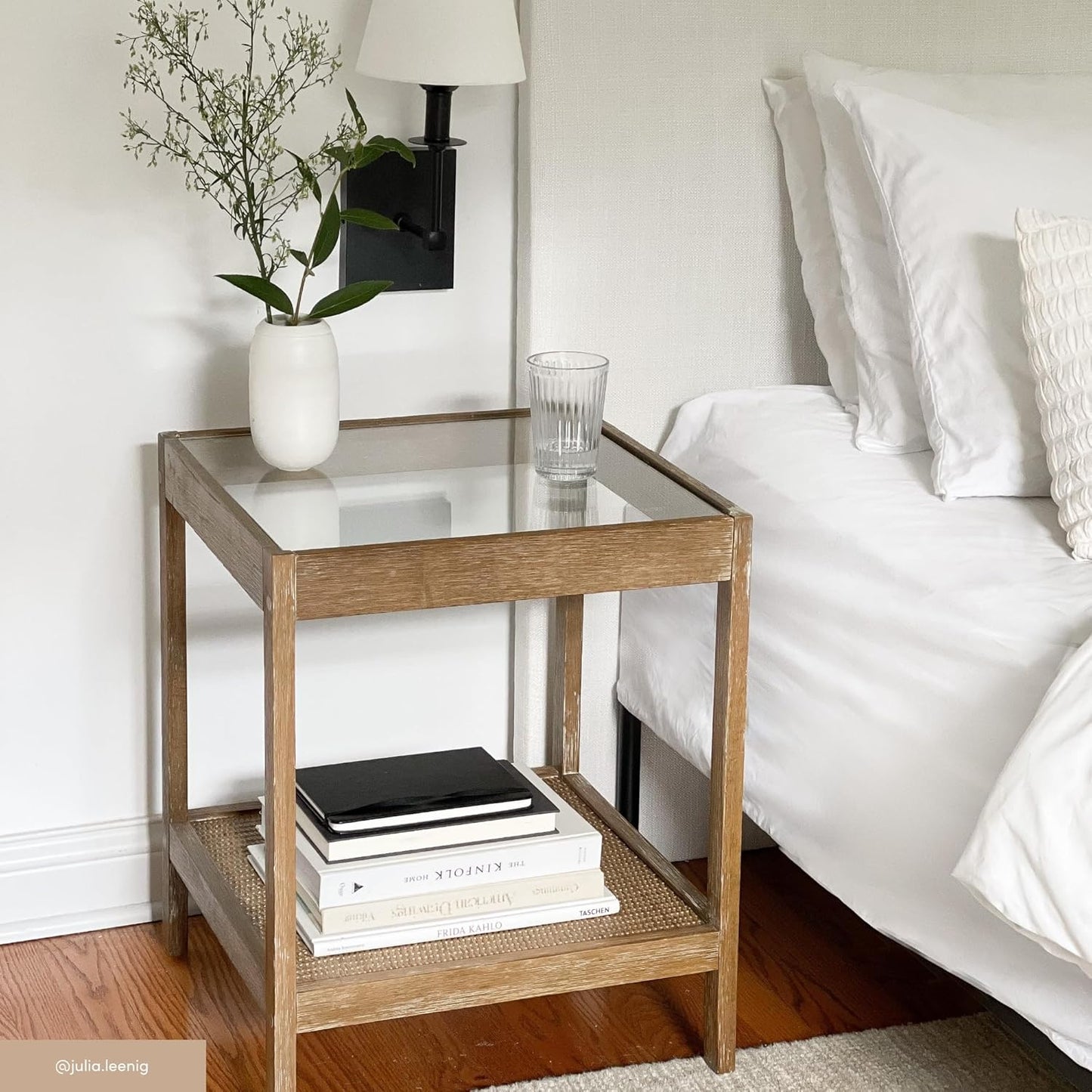 33301 Hayes Solid Wood Nightstand, Bedside, End or Side Table in Light Brown Wood Finish & Glass Top with Open Storage Shelf, 18 in X 18 in X 22 In