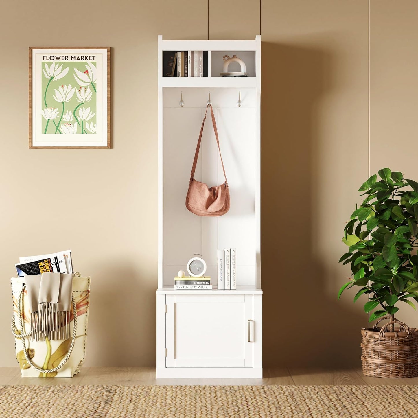 Minimalist Slim Hall Tree with Shoe Bench and 6 Hanging Hooks,Multi-Functional Entryway Coat Rack with Cabinet,Tall Hall Tree for Hallway,Living Room(White)