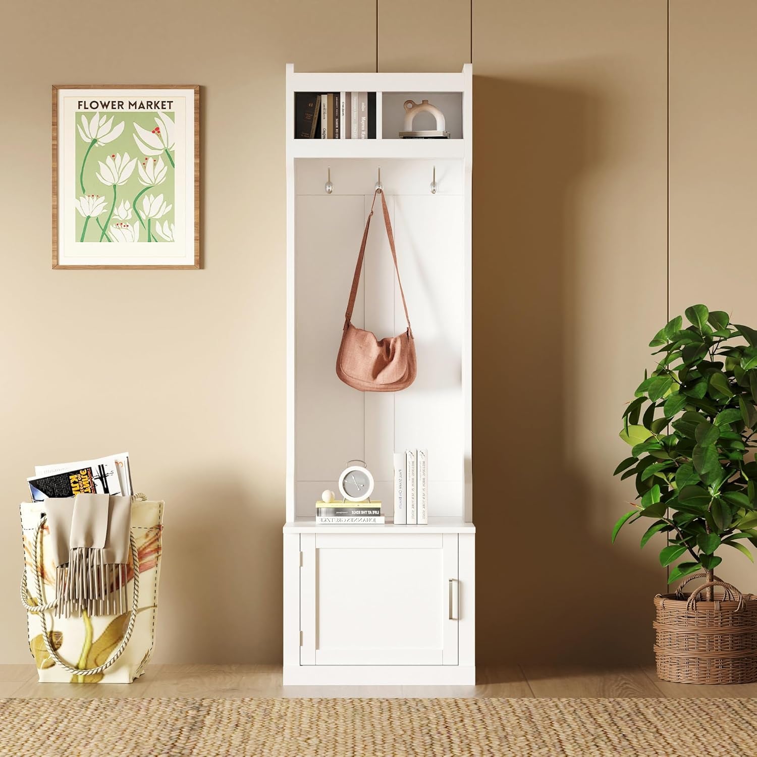 Minimalist Slim Hall Tree with Shoe Bench and 6 Hanging Hooks,Multi-Functional Entryway Coat Rack with Cabinet,Tall Hall Tree for Hallway,Living Room(White)