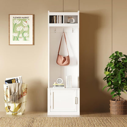 Minimalist Slim Hall Tree with Shoe Bench and 6 Hanging Hooks,Multi-Functional Entryway Coat Rack with Cabinet,Tall Hall Tree for Hallway,Living Room(White)