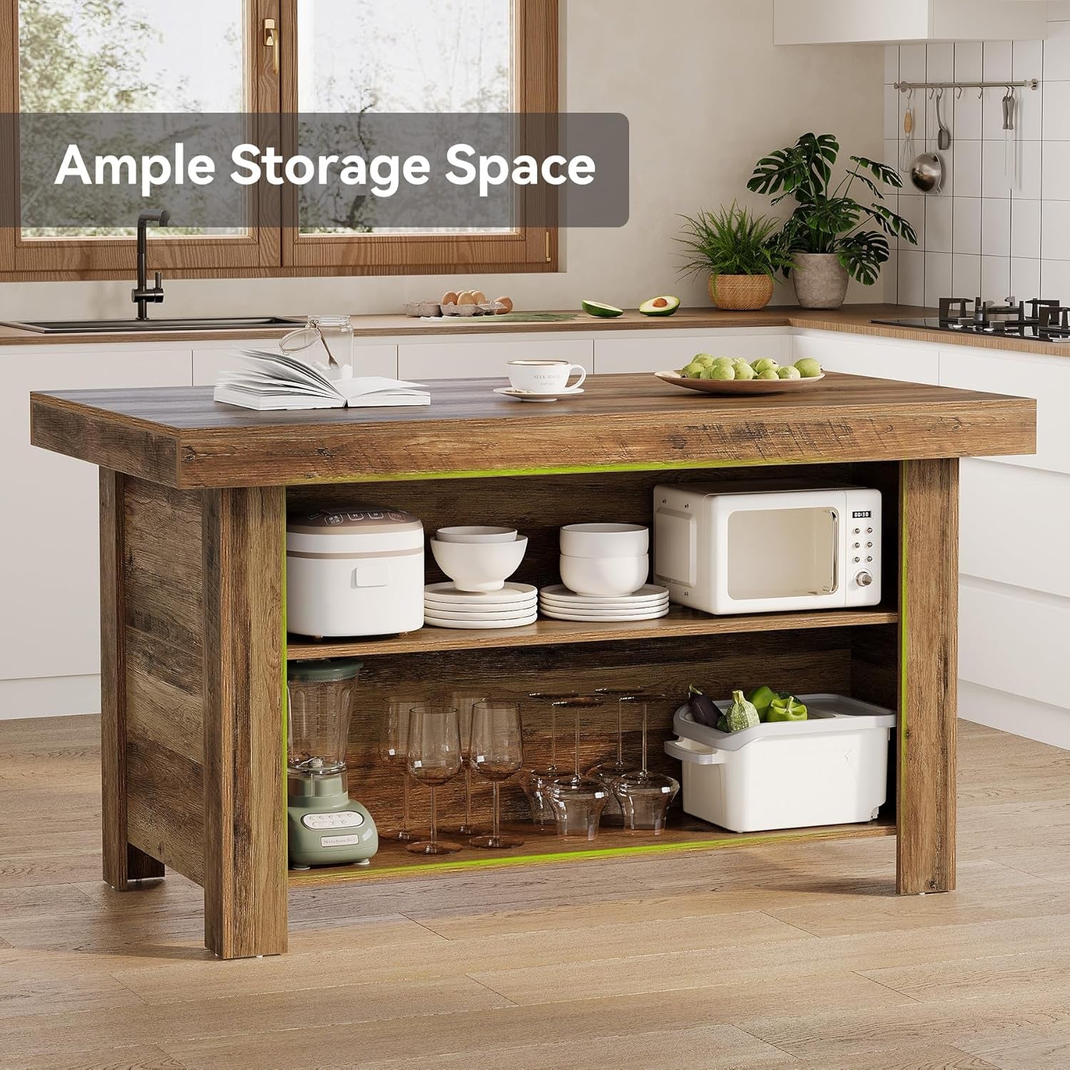 55 Inches Kitchen Island with Storage, 3-Tier Farmhouse Wooden Stationary Island Table with Large Worktop & Leg Room, Modern Coffee Bar Table with Storage Shelf for Kitchen, Rustic Brown