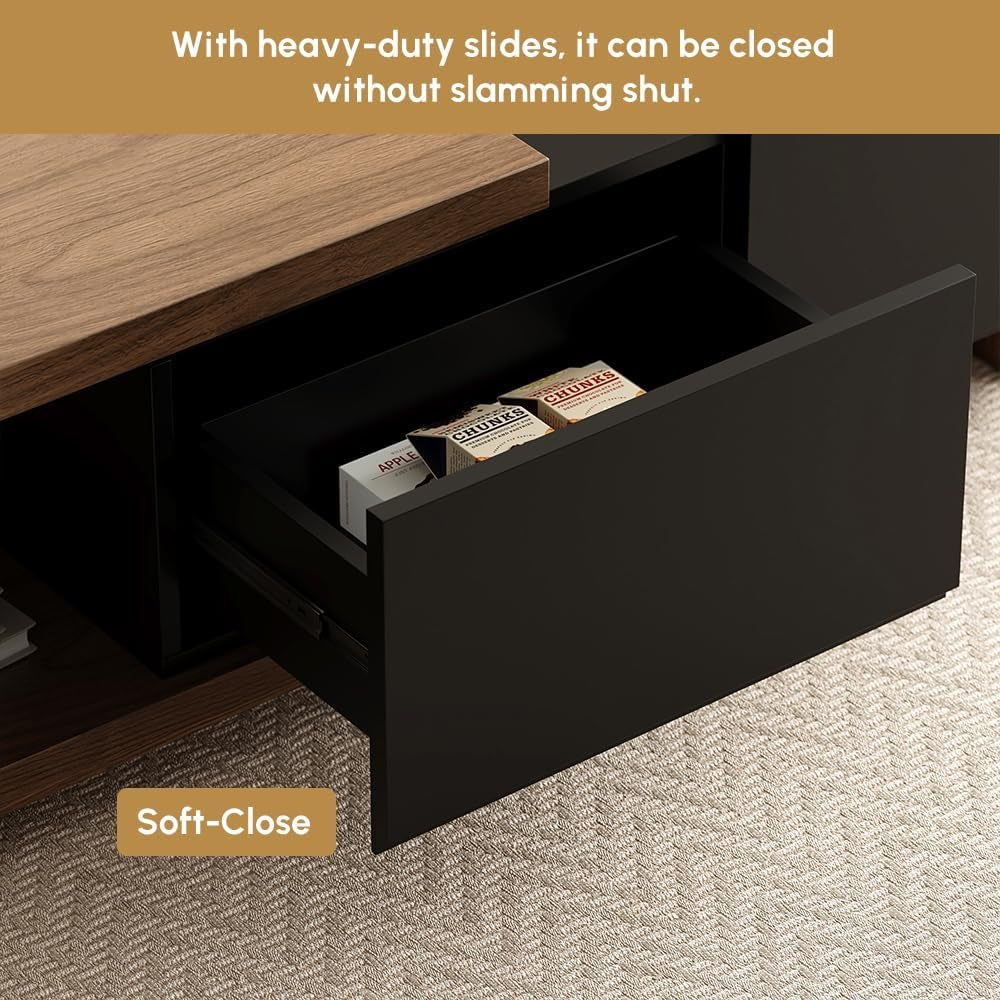 Modern Mid-Century Coffee Table and TV Stand Set of 2, Extendable Entertainment Center Set for Living Room (Black & Walnut)