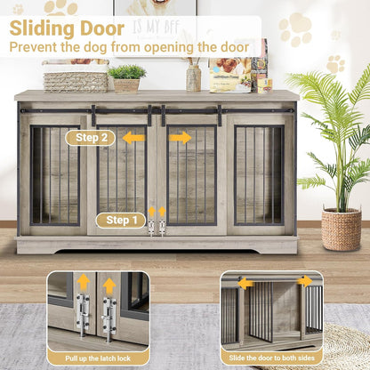 75'' Double Dog Crate Furniture for 2 Large Dogs, Heavy Duty Furniture Style Dog Crates End Table, Wood Crates for Dogs Kennel Indoor with Double Door, Grey