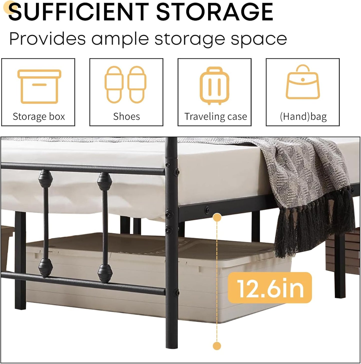 Queen Bed Frame-Classic Metal Platform Bed Frame Mattress Foundation with Victorian Style Iron-Art Headboard/Footboard/Storage Space/No Box Spring Needed/Black