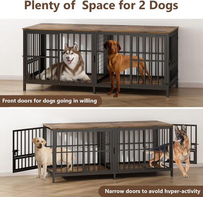 Double 80" Dog Crate Furniture, Extra Large Dog Crates for Large Dogs with 2 Dog Bowl, Wooden Pet Cage with Removable Divider, Sliding Door Dog Crate TV Stand, for 2 Pet, Space Saving