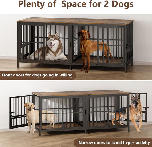Double 80" Dog Crate Furniture, Extra Large Dog Crates for Large Dogs with 2 Dog Bowl, Wooden Pet Cage with Removable Divider, Sliding Door Dog Crate TV Stand, for 2 Pet, Space Saving