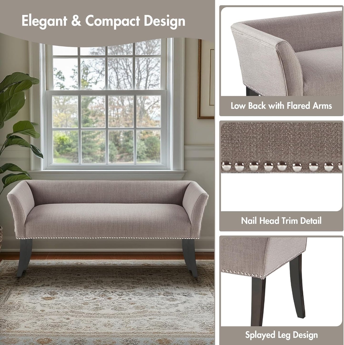 Accent Bench, Upholstered with Nailhead Trim, & Padded Seat Entryway Bench Small, End of Bed Bench with Back, 49.5" W X 19.25" D X 23" H, Grey