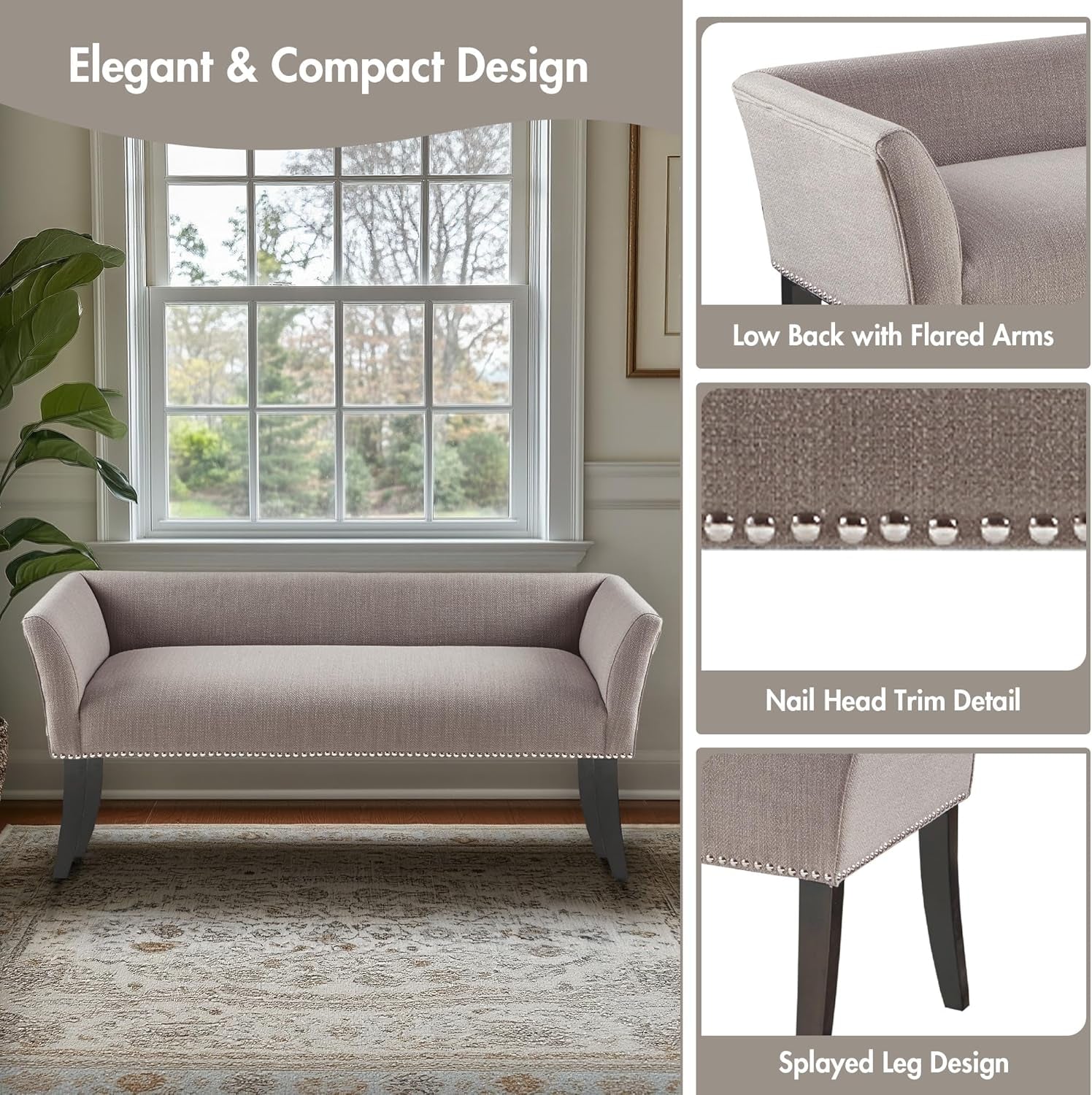 Accent Bench, Upholstered with Nailhead Trim, & Padded Seat Entryway Bench Small, End of Bed Bench with Back, 49.5" W X 19.25" D X 23" H, Grey