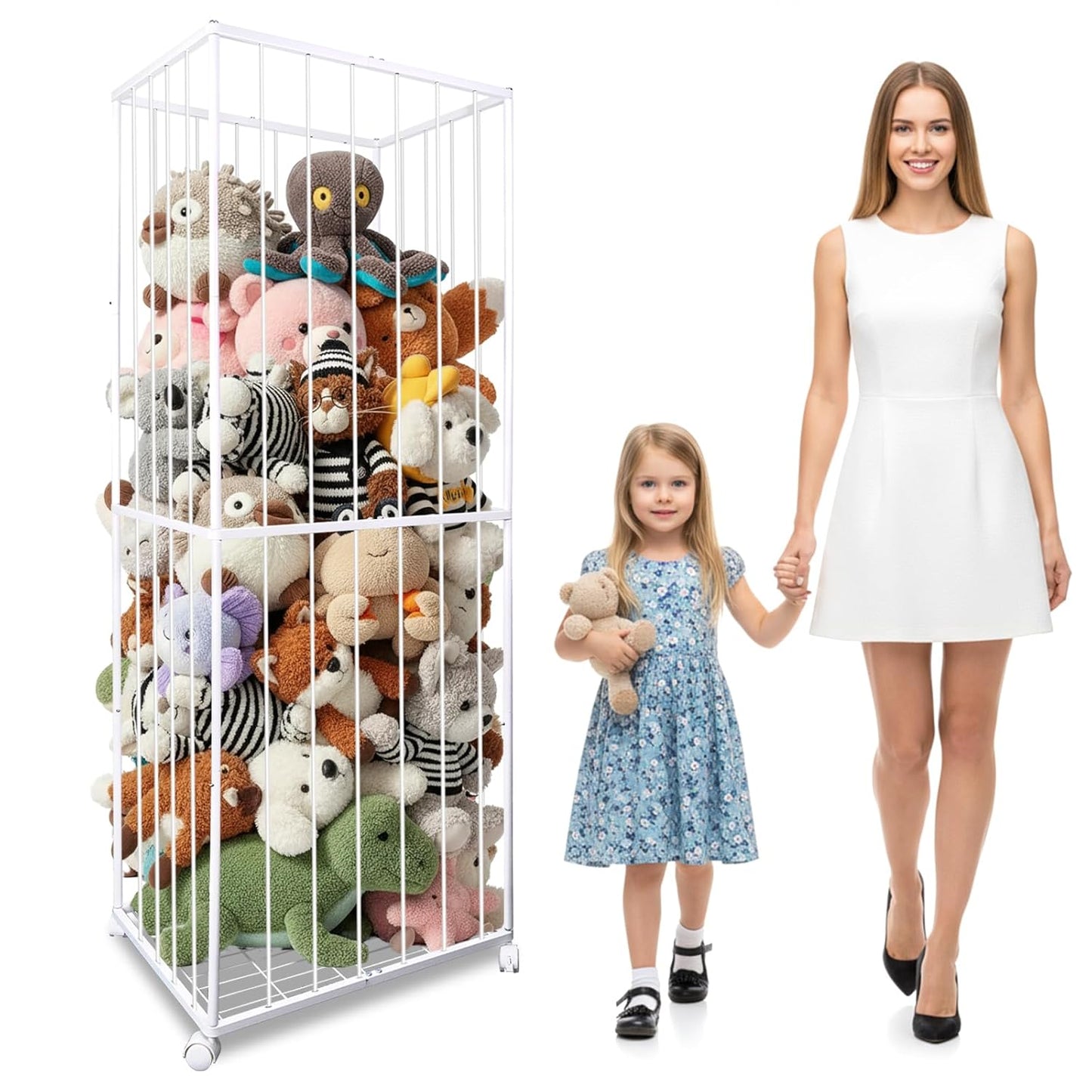 Stuffed Animal Storage, Metal Tube Extra Large Toy Storage Organizer with Brake Wheels, Stuffed Animal Holder Zoo Organizer for Nursery Playroom Kids Room White(61” X 23.6”X 16.5”)