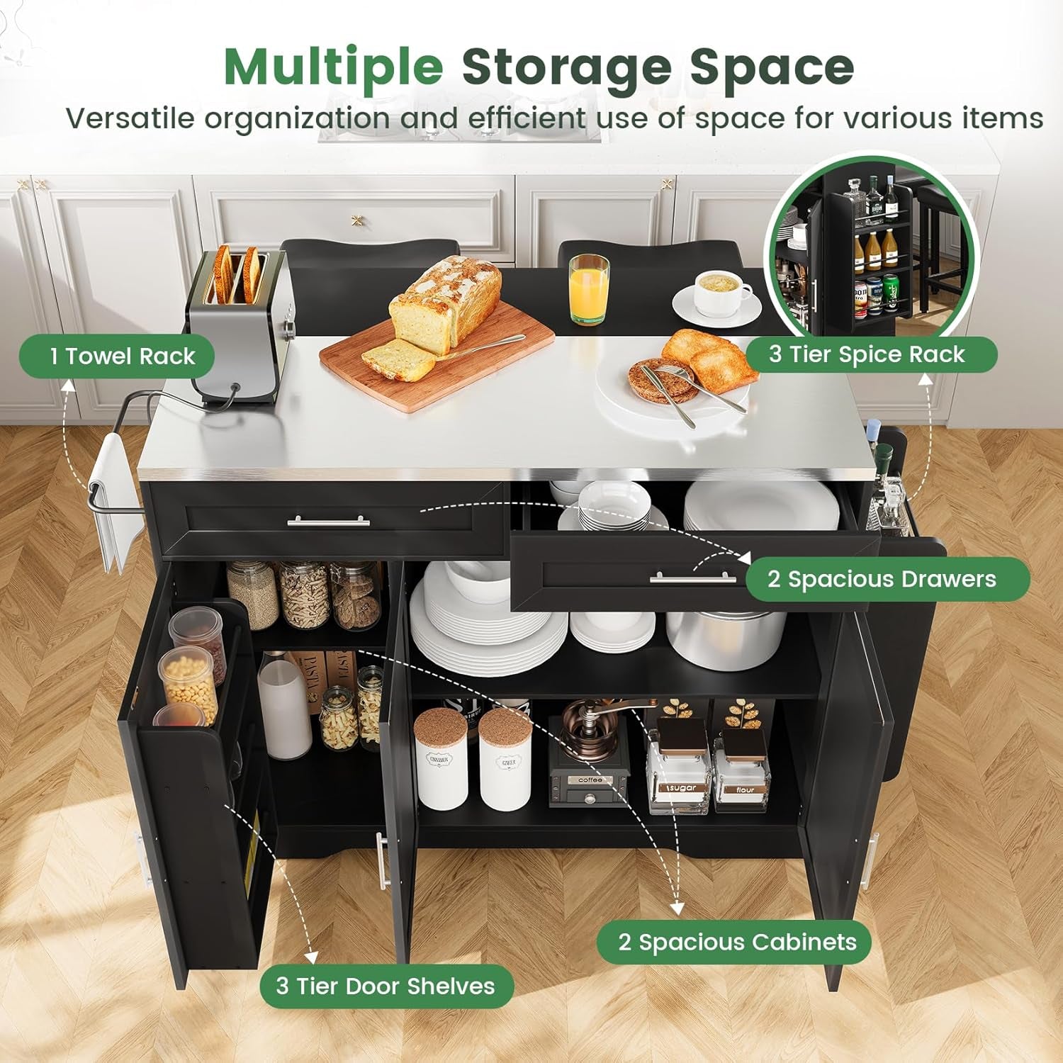 56'' Kitchen Island with Seating and Stainless Steel Countertop, Rolling Kitchen Island on Wheels with Folding Drop Leaf, Power Outlet, Spice/Towel Rack, Island Table Cart for Kitchen, Black