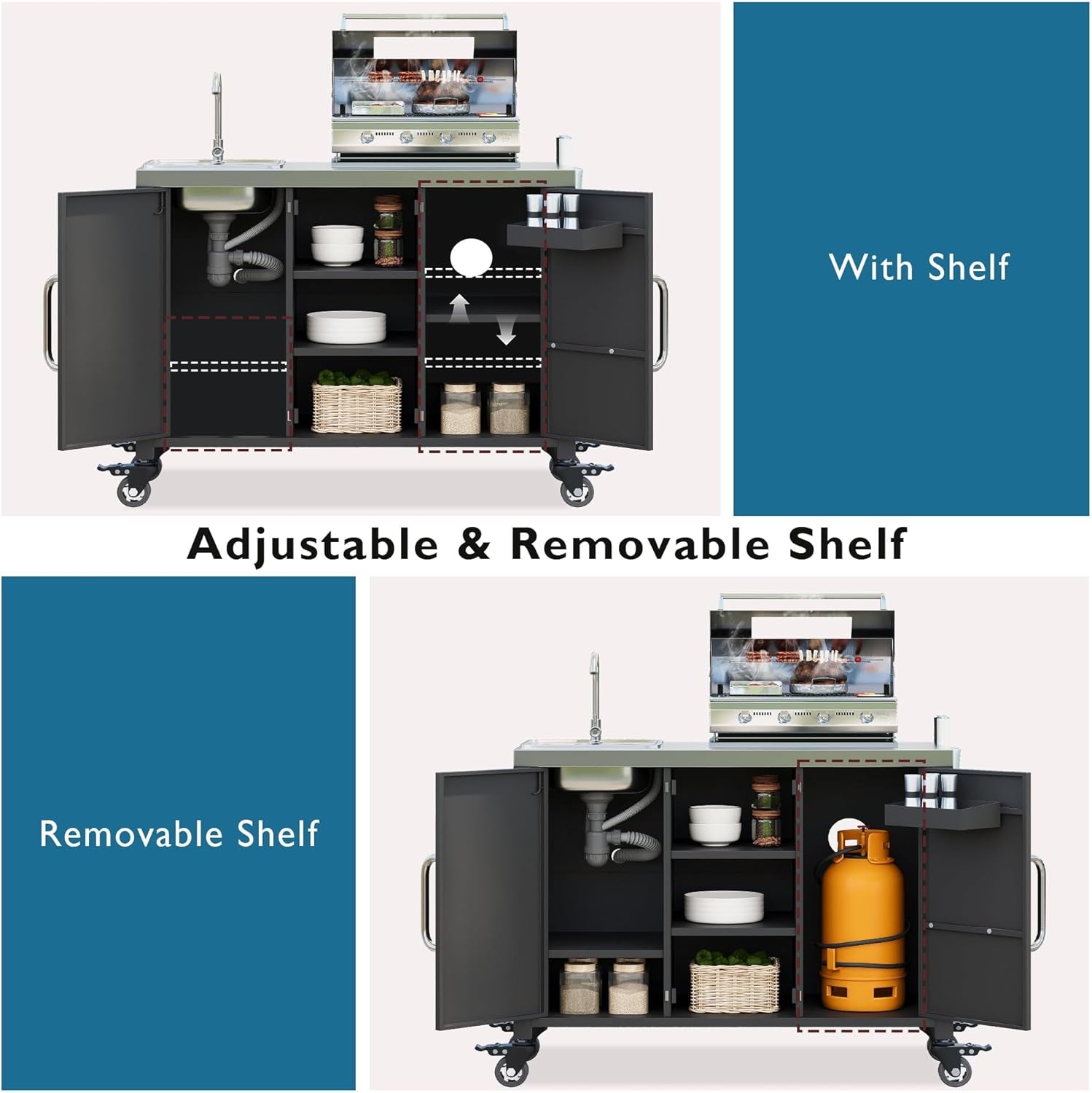 55.5" Outdoor Kitchen Island with Stainless Steel Sink, Outdoor Bar Cart Sink Station with 4 Lockable Wheel for Pizza Prep & BBQ Black
