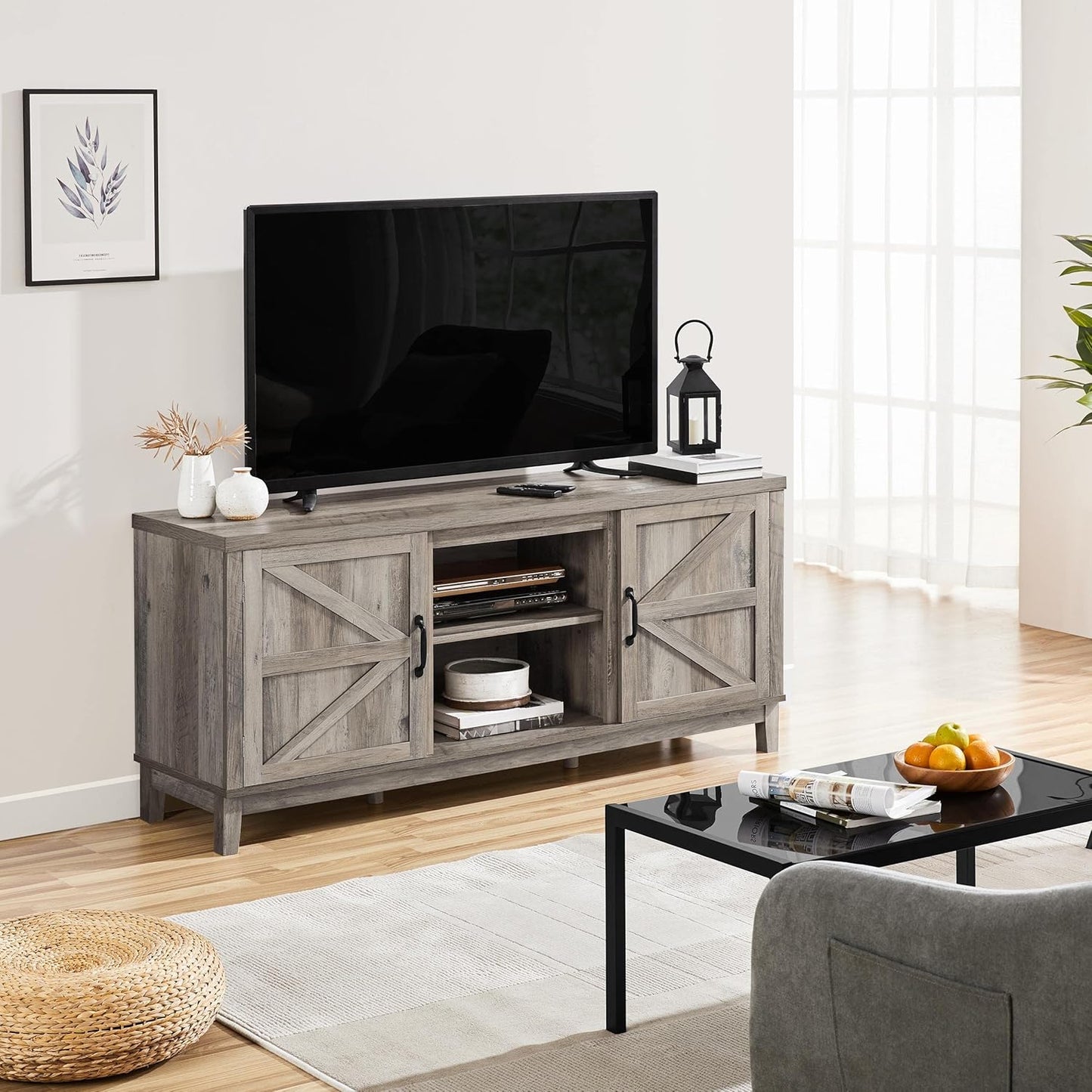 TV Stand for 65 Inch TV, Farmhouse TV Console Table for Living Room, Tall Entertainment Center with Double Barn Doors for Bedroom, Gray