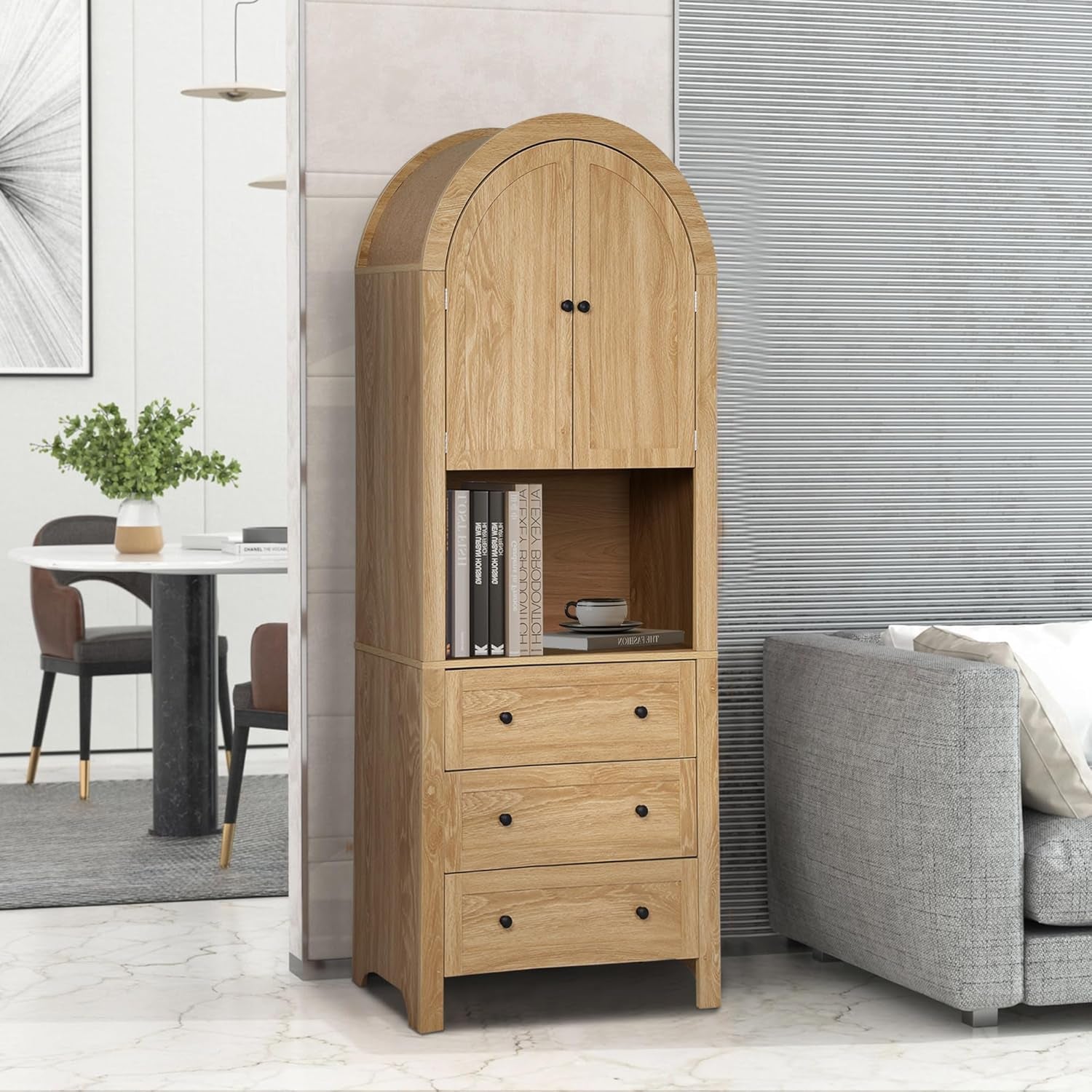 71” Tall Arched Storage Cabinet with Drawer,Farmhouse Arched Bookcase with Door,Freestanding Arch Tall Pantry with Countertop for Kitchen Living Room (Natrual, 71Inch)