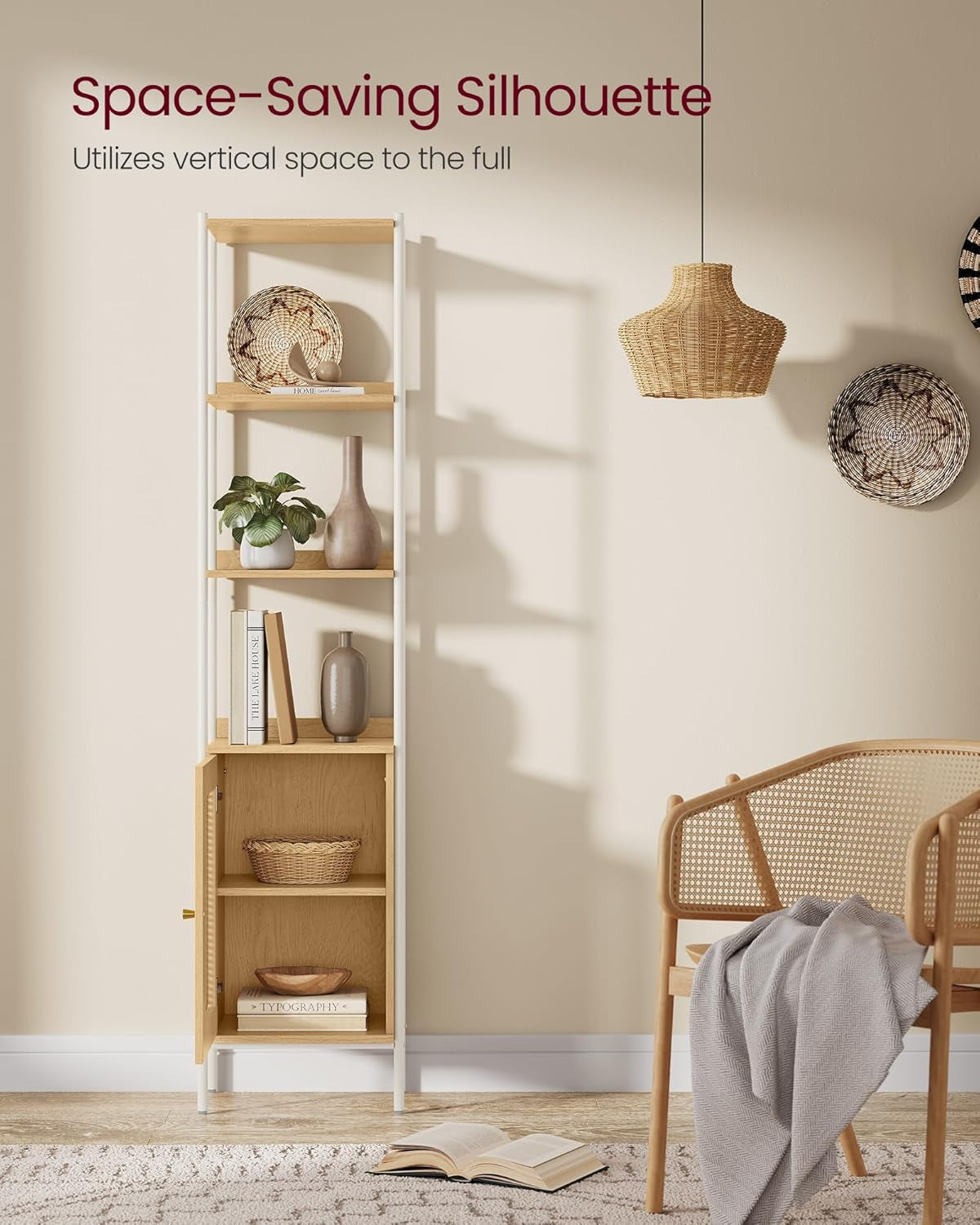 6-Tier Bookcase, Bookshelf with Rattan-Like Door, Boho Style, Freestanding 15.7-Inch Wide Storage Shelf, Metal Frame, Adjustable Shelf, for Living Room, Oak Beige and Pearl White ULLS122W57