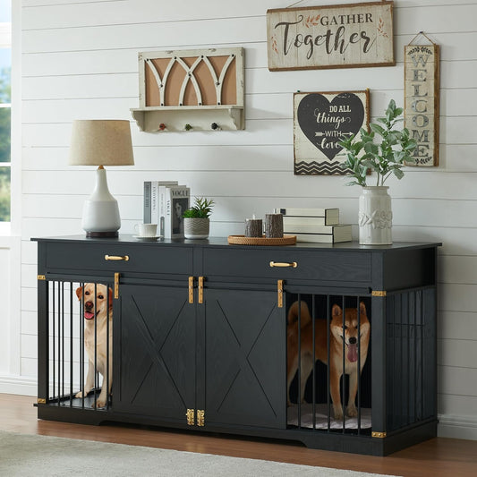 72.5" Extra Large Furniture Style Double Dog Crates for Large Breeds, XXL Wooden Dog Kennel Furniture with Drawers, Divider, Water Resistant & Barn Door for 2 Dogs, Black
