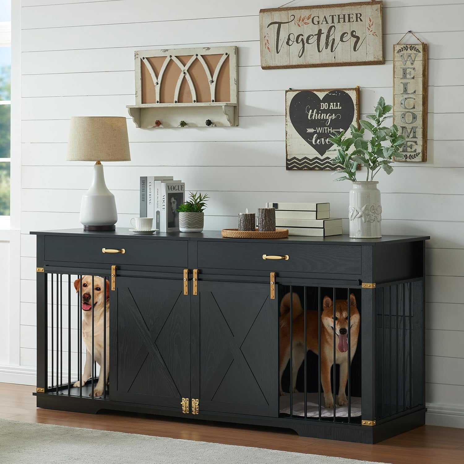 72.5" Extra Large Furniture Style Double Dog Crates for Large Breeds, XXL Wooden Dog Kennel Furniture with Drawers, Divider, Water Resistant & Barn Door for 2 Dogs, Rustic Oak