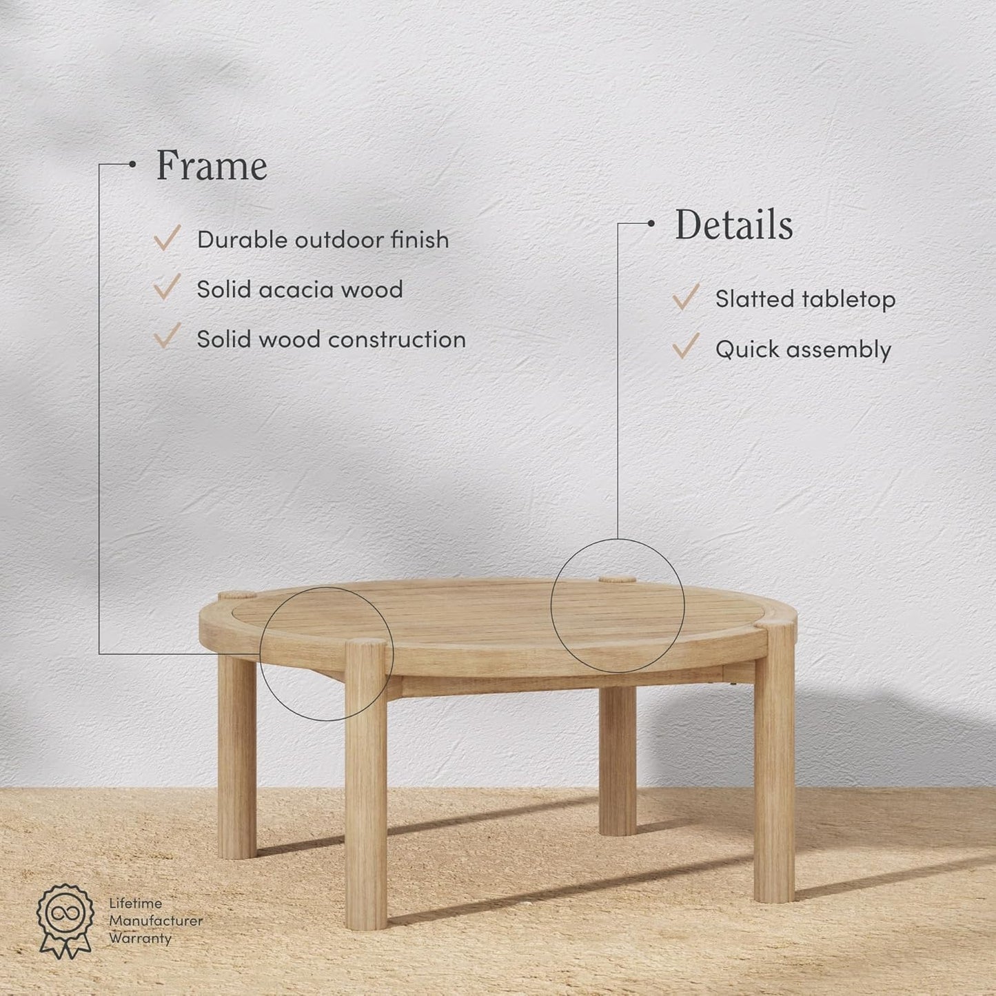 Bora round Outdoor Coffee Table, Farmhouse Wood Coffee Table for Patio or Porch, Solid Acacia Wood