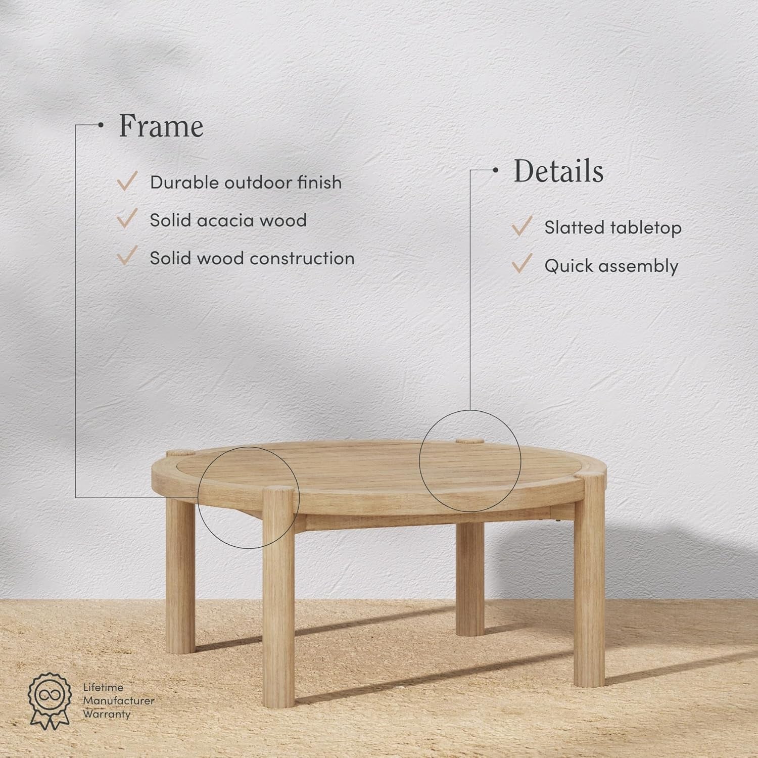 Bora round Outdoor Coffee Table, Farmhouse Wood Coffee Table for Patio or Porch, Solid Acacia Wood