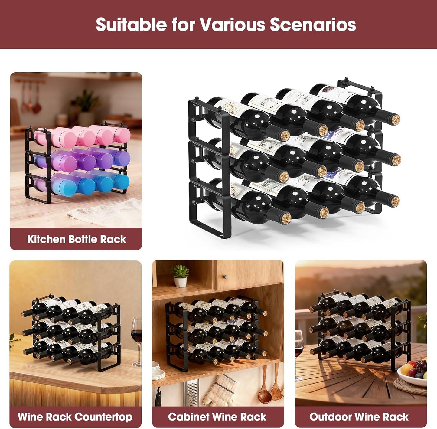 Stackable Wine Rack Countertop, 12 Bottles Wine Bottle Holder for inside Cabinet, Small Tabletop Wine Holder Stand for Pantry Bar, 3-Tier Angle Adjustable Wine Bottle Rack for Tight Spaces