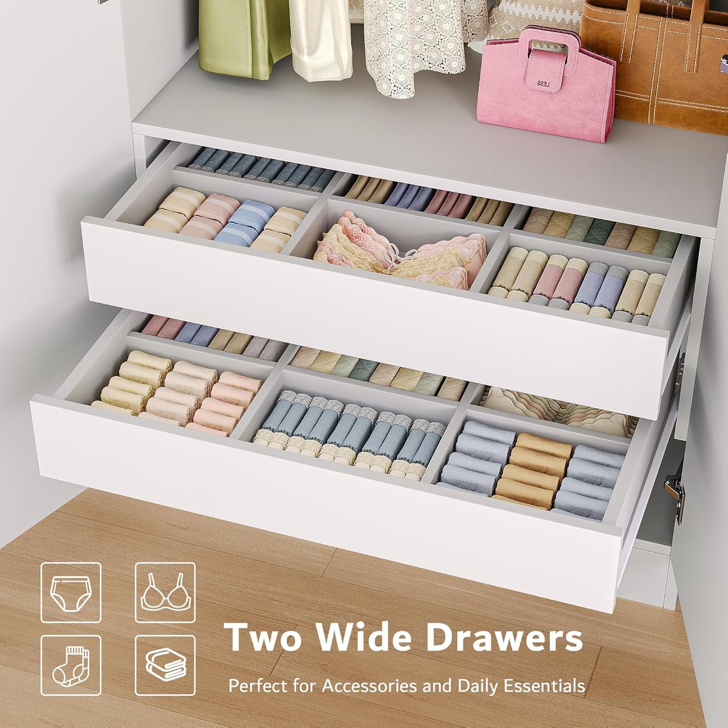 4 Doors Armoire Wardrobe Closet with 2 Drawers, 63" Large Wardrobe Cabinet with Removable Hanging Rods and Adjustable Shelves, Closet Storage Cabinet for Bedroom, Cloak Room, White