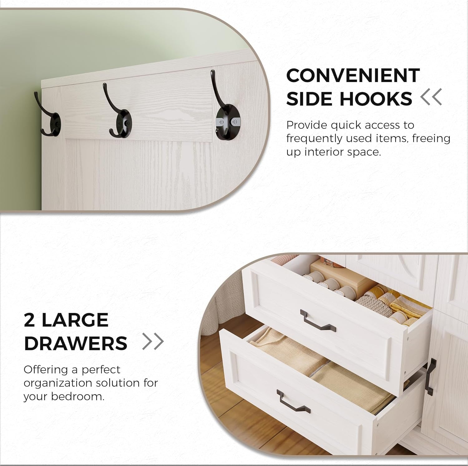 Armoire Wardrobe Closet with 4 Doors and Drawers, Wardrobe Cabinet with Storage Shelves and Side Hooks, Clothing Storage Cabinet for Bedroom, White