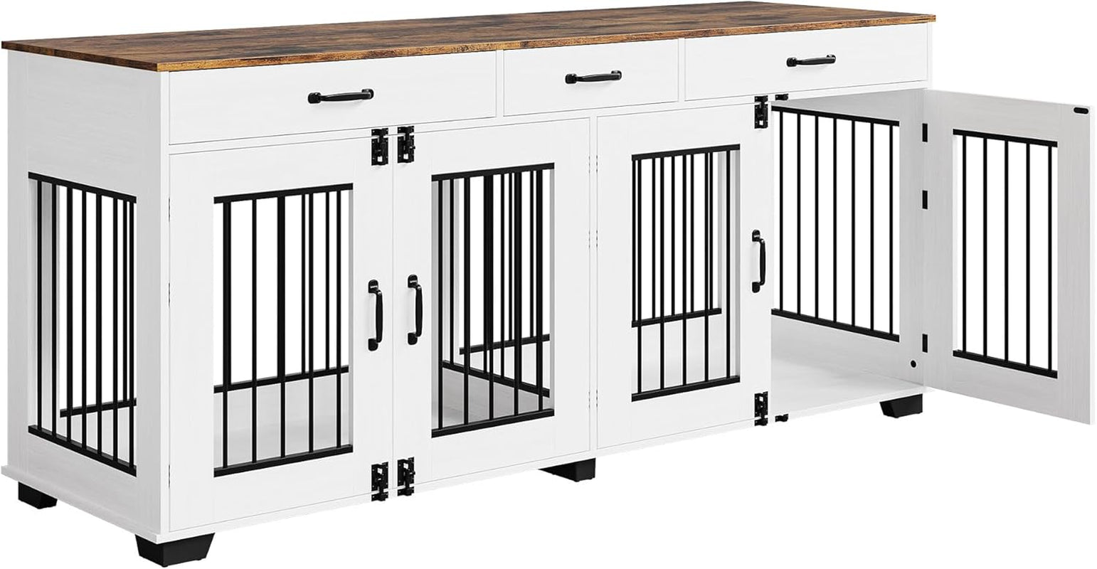 71 Inch Dog Crate Furniture for 2 Dogs, Extra Large Double Dog Cage with 3 Drawers, XXL Dog Crate for Large Breed Dogs, Wooden Dog Kennel Indoor TV Stand, Dog Kennel Furniture with Divider