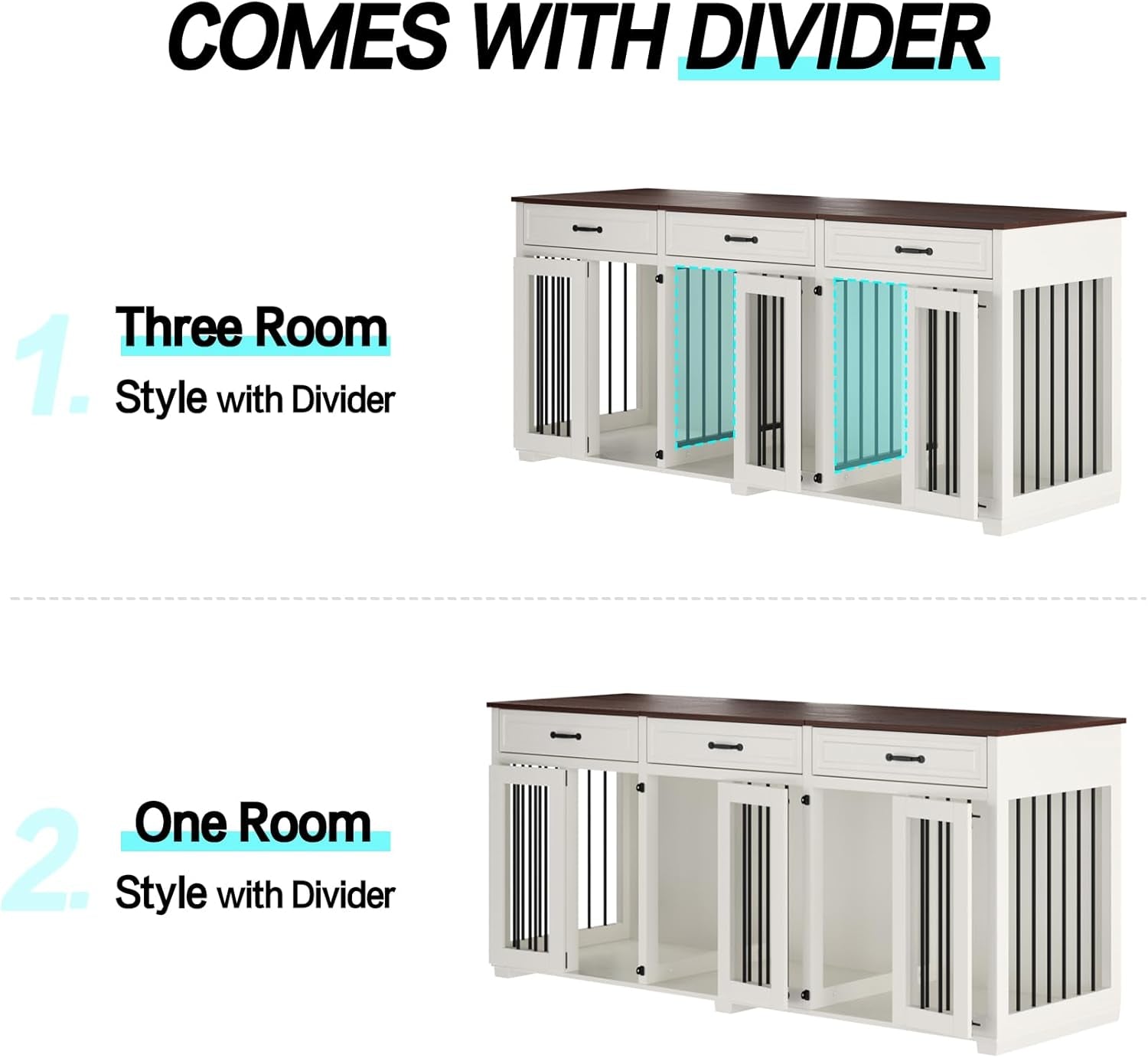 Dog Crate Furniture - Indoor Wooden Dog Kennel Furniture with 2 Dividers, 3 Drawers, and 3 Lockable Doors - 72"X23.6"X31.5"H, White