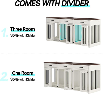 Dog Crate Furniture - Indoor Wooden Dog Kennel Furniture with 2 Dividers, 3 Drawers, and 3 Lockable Doors - 72"X23.6"X31.5"H, White