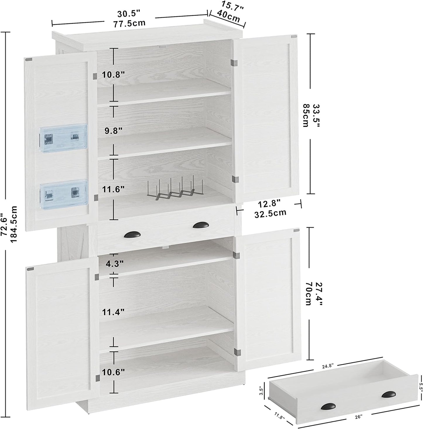 Kitchen Pantry Storage Cabinet 72.6" H, with Barn Doors, Drawer, 4 Adjustable Shelves, Freestanding Cupboard, Laundry, White