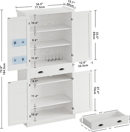 Kitchen Pantry Storage Cabinet 72.6" H, with Barn Doors, Drawer, 4 Adjustable Shelves, Freestanding Cupboard, Laundry, White