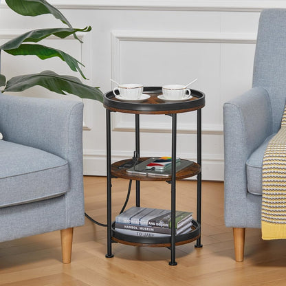 round Side Table with Charging Station, End Table with 3 Shelves for Living Room, Bedroom Nightstand for Small Spaces, Industrial round Sofa Table with Steel Frame (Usb+Rustic Brown)