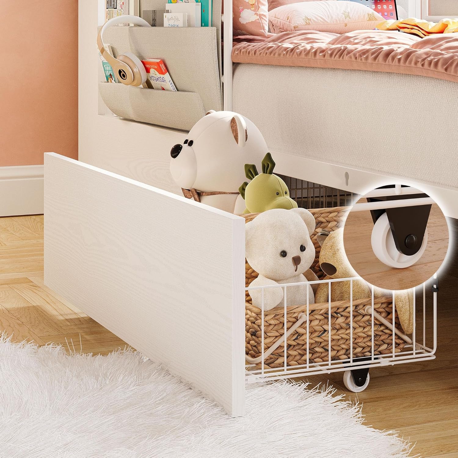 Twin Bed Frame with Rails, Farmhouse Platform Bed with 2 Drawers, Upholstered Storageheadboard & Charging Station for Boys Girls Teens, No Box Spring Needed, White/Walnut