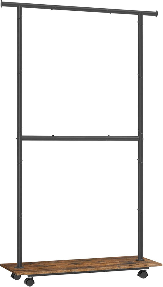 Clothes Rack with Wheels, Middle Rod Clothing Rack for Hanging Clothes, 38.8 Inches Garment Rack with Shelf, Height Adjustable, Loads up to 121 Lb, Rustic Brown and Ink Black UHSR153B01