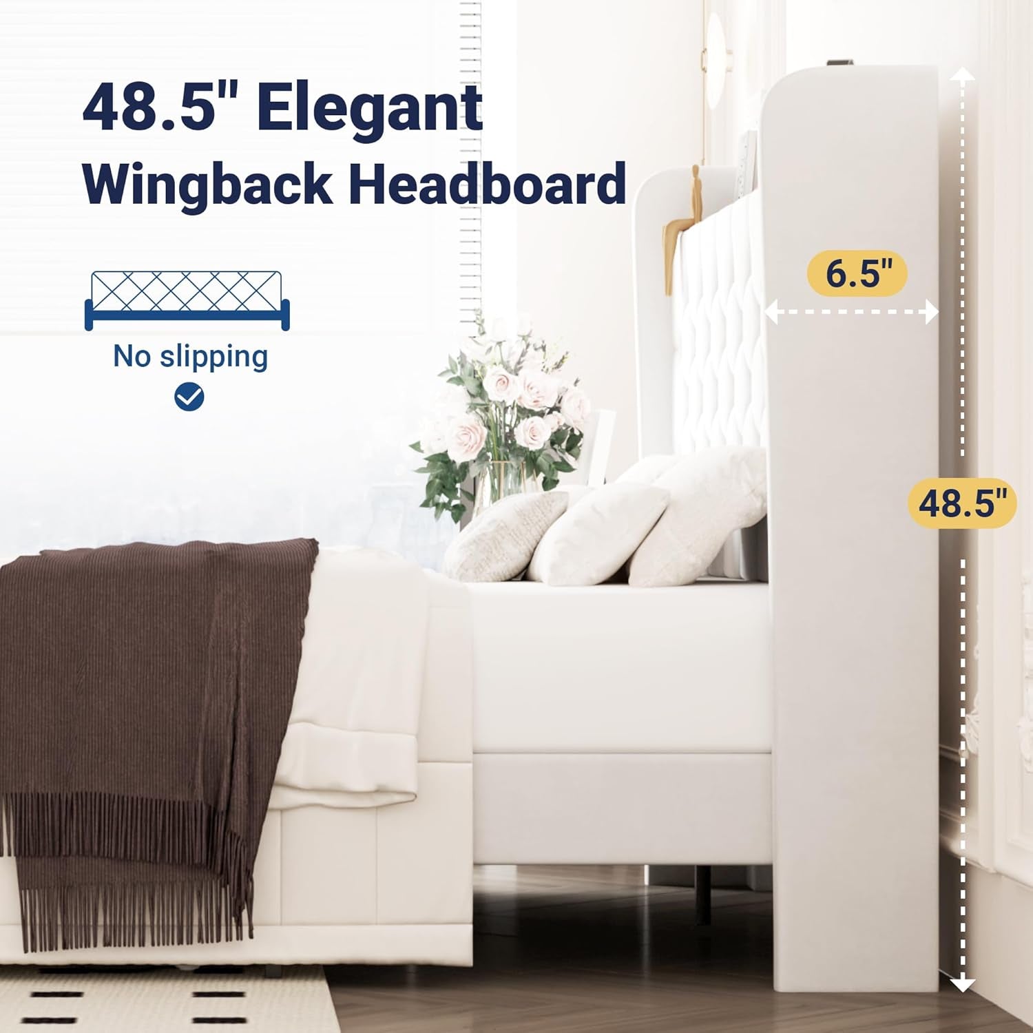 Queen Size Bed Frame, Storage Headboard with Charging Station, Wingback Velvet Upholstered, Diamond Stitched Button Tufted, Sturdy Wooden Slats, No Box Spring Needed, Easy Assembly, White