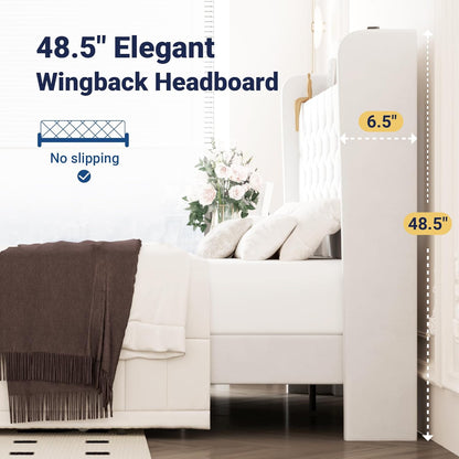 Queen Size Bed Frame, Storage Headboard with Charging Station, Wingback Velvet Upholstered, Diamond Stitched Button Tufted, Sturdy Wooden Slats, No Box Spring Needed, Easy Assembly, White