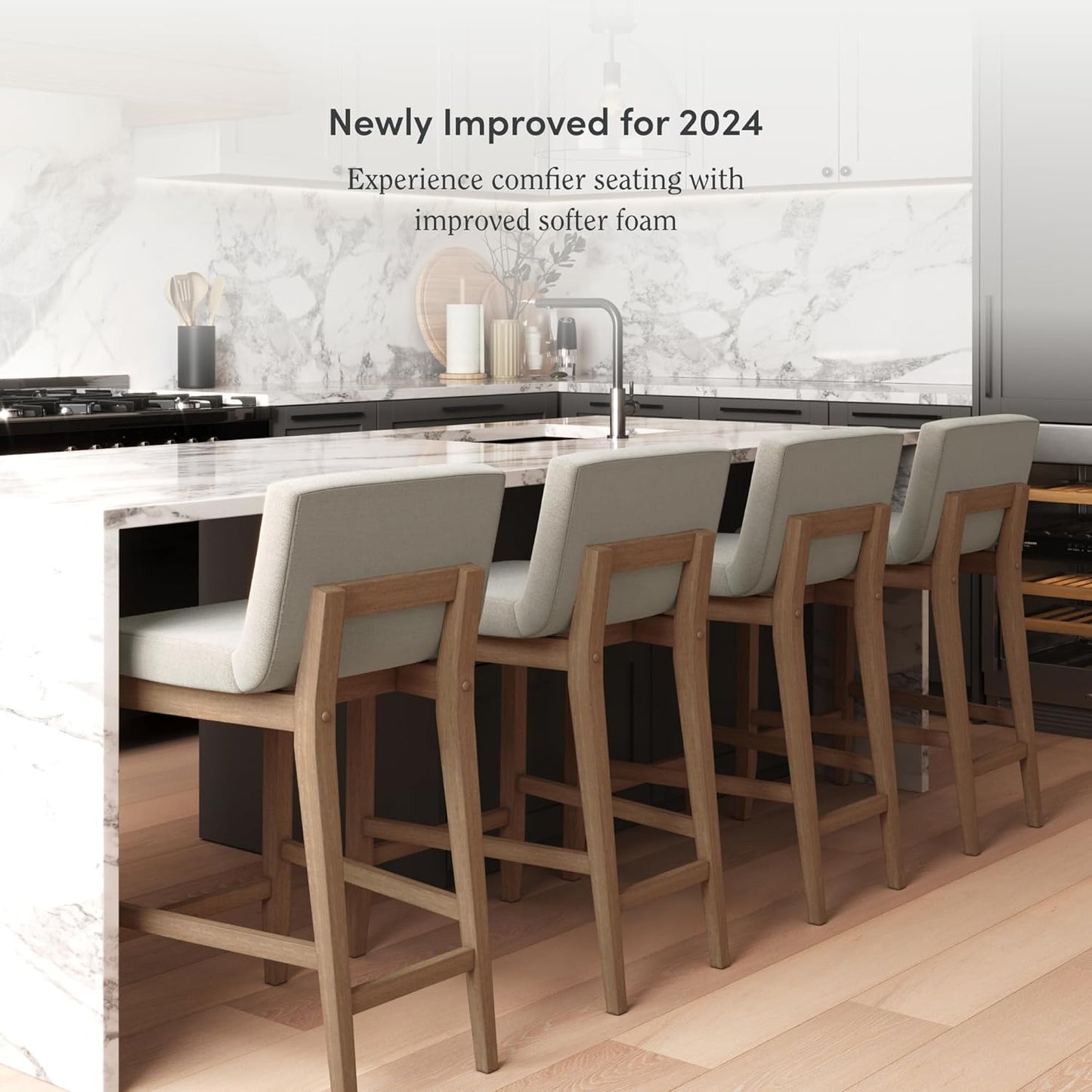 Gracie Modern Counter Height Bar Stool with Back, Counter Stool Upholstered Chair with Natural Flax White Fabric and Brushed Light Brown Wooden Legs, Natural Flax/Brown