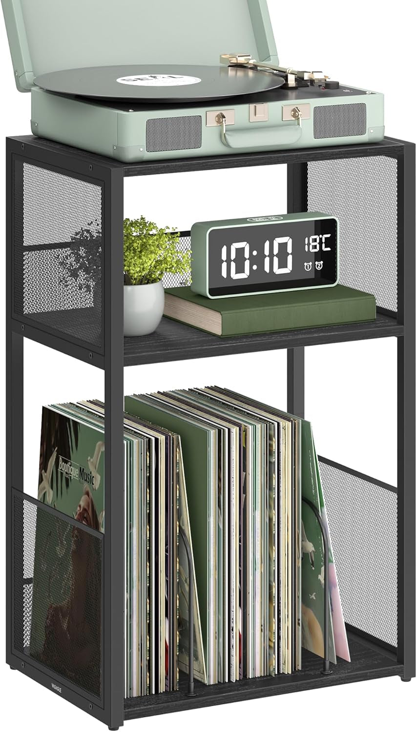 Record Player Stand, 3-Tier Side Table, Vinyl Record Storage up to 100 Albums, End Table for Living Room, Bedroom, Ebony Black ULET275B01