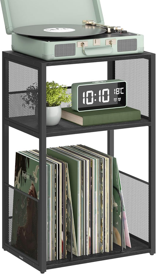 Record Player Stand, 3-Tier Side Table, Vinyl Record Storage up to 100 Albums, End Table for Living Room, Bedroom, Ebony Black ULET275B01
