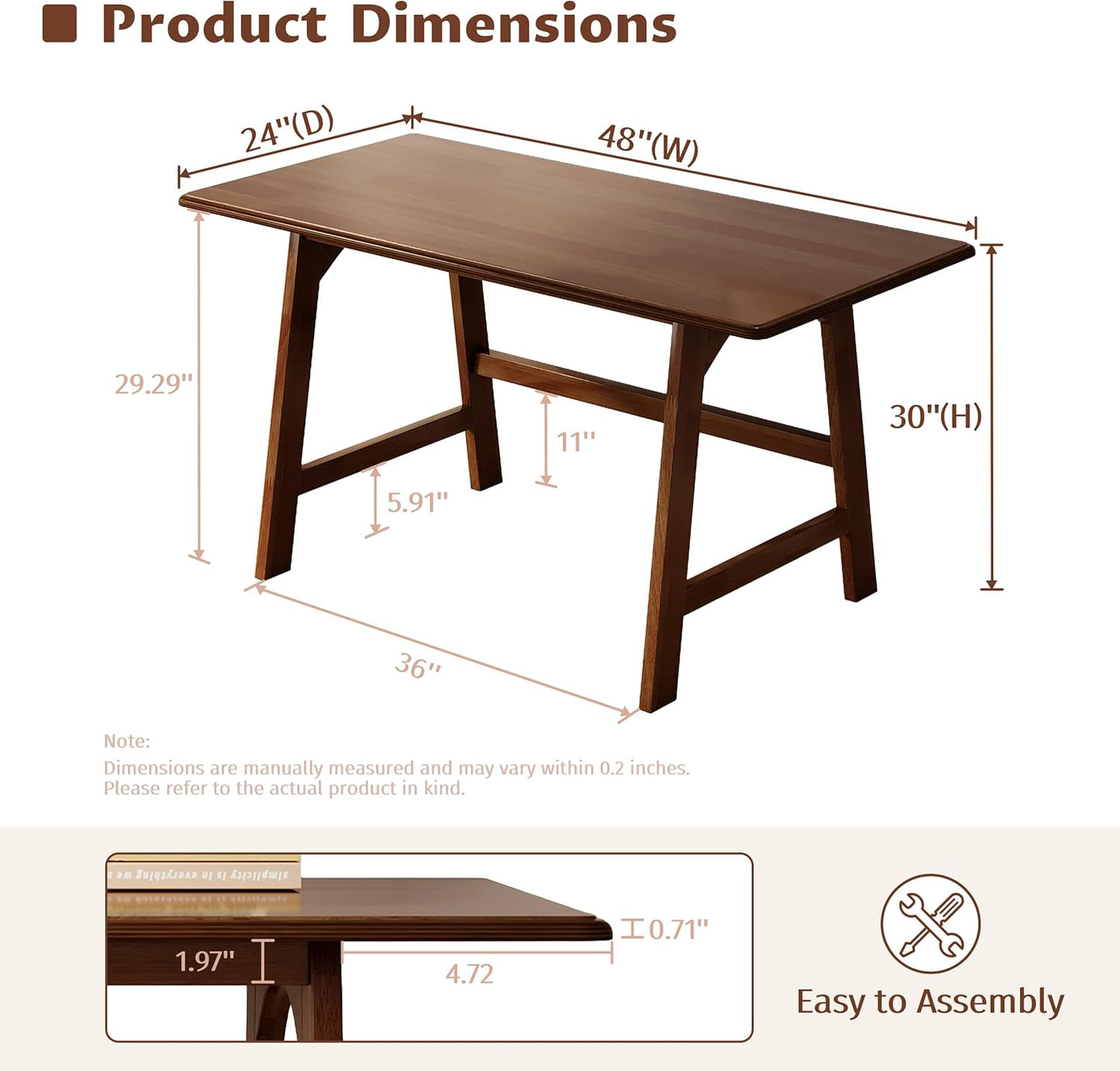 Solid Wood Writing Table - 48" W X 24" D Minimalist Computer Desk for Home Office, Work, Study, Creativity, and PC Workstation, Walnut