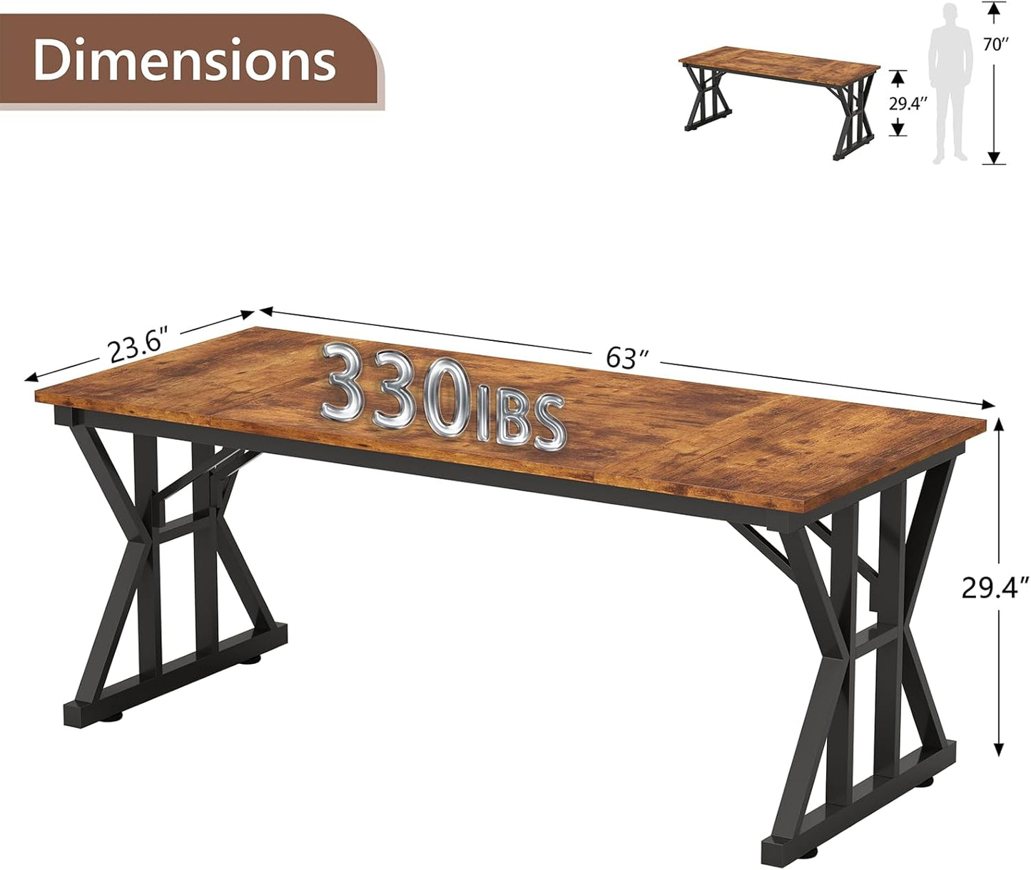 63-Inch Executive Desk, Large Office Desk with Thicken Frame, Computer Desk Modern Simple Desk for Home Office, Rustic Brown
