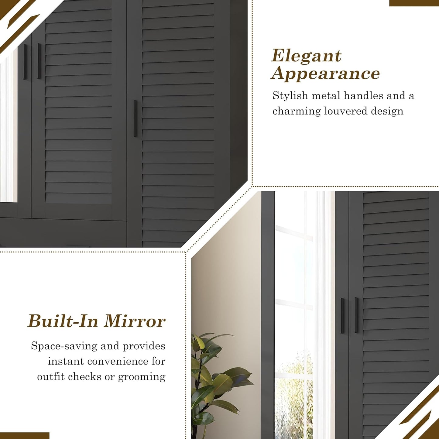 3 Door Armoire Wardrobe Closet Cabinet with Drawers and LED Lights, Multi-Tier Shelves, Hanging Rod & 3 Louver Doors, Large Capacity Storage Wardrobe Armoire for Bedroom(3 Doors Black)